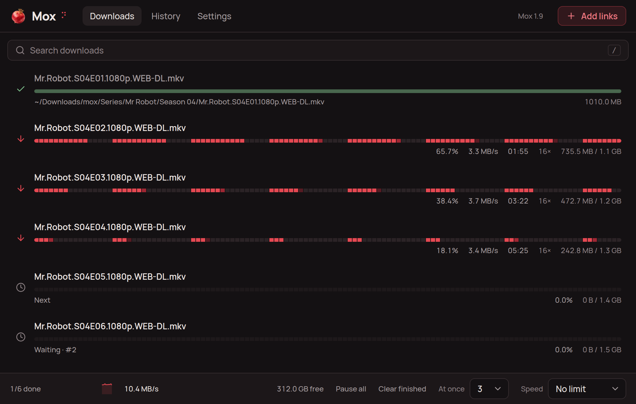 The mox desktop app downloading a season of a series