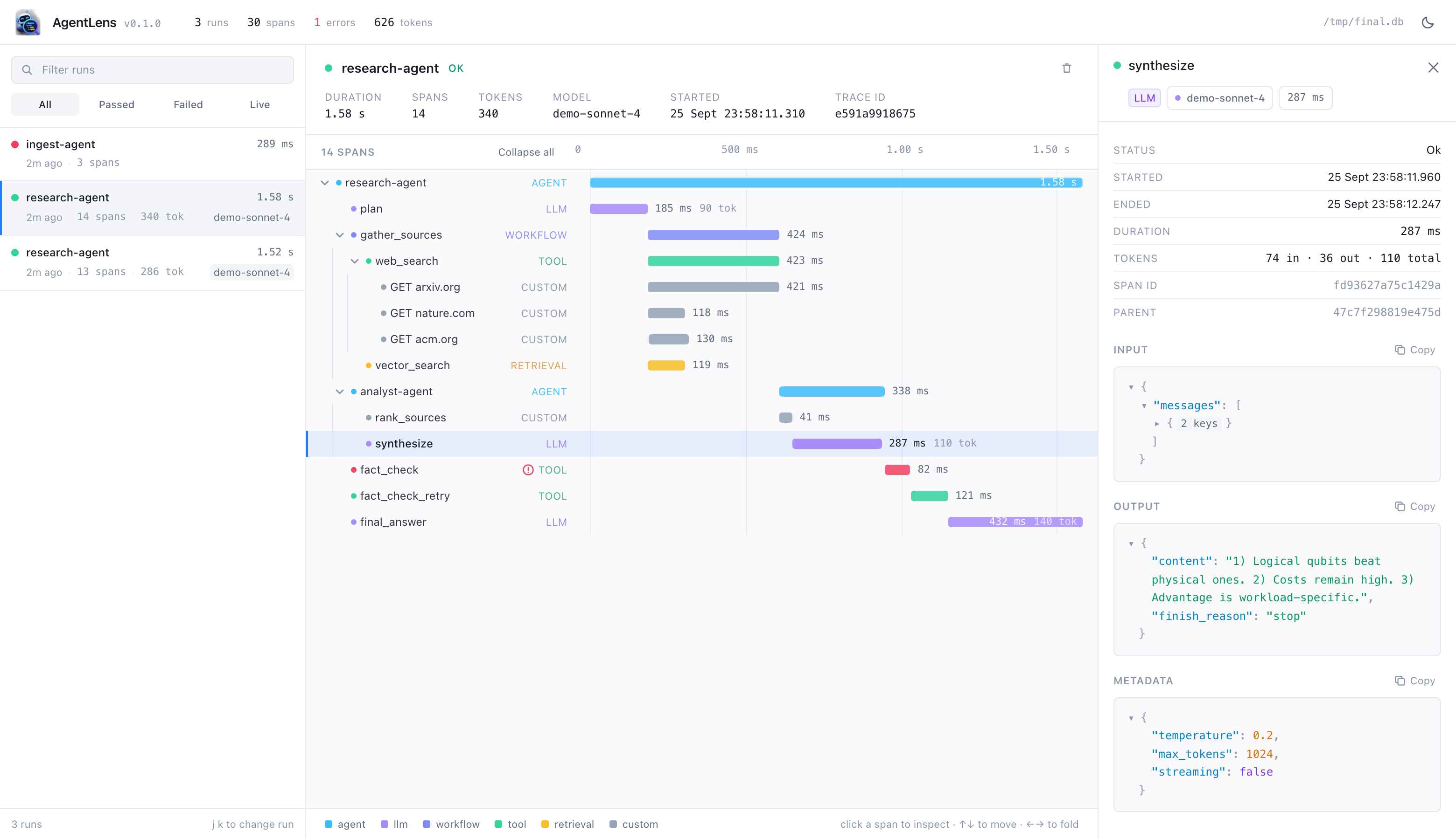 The AgentLens dashboard in light mode