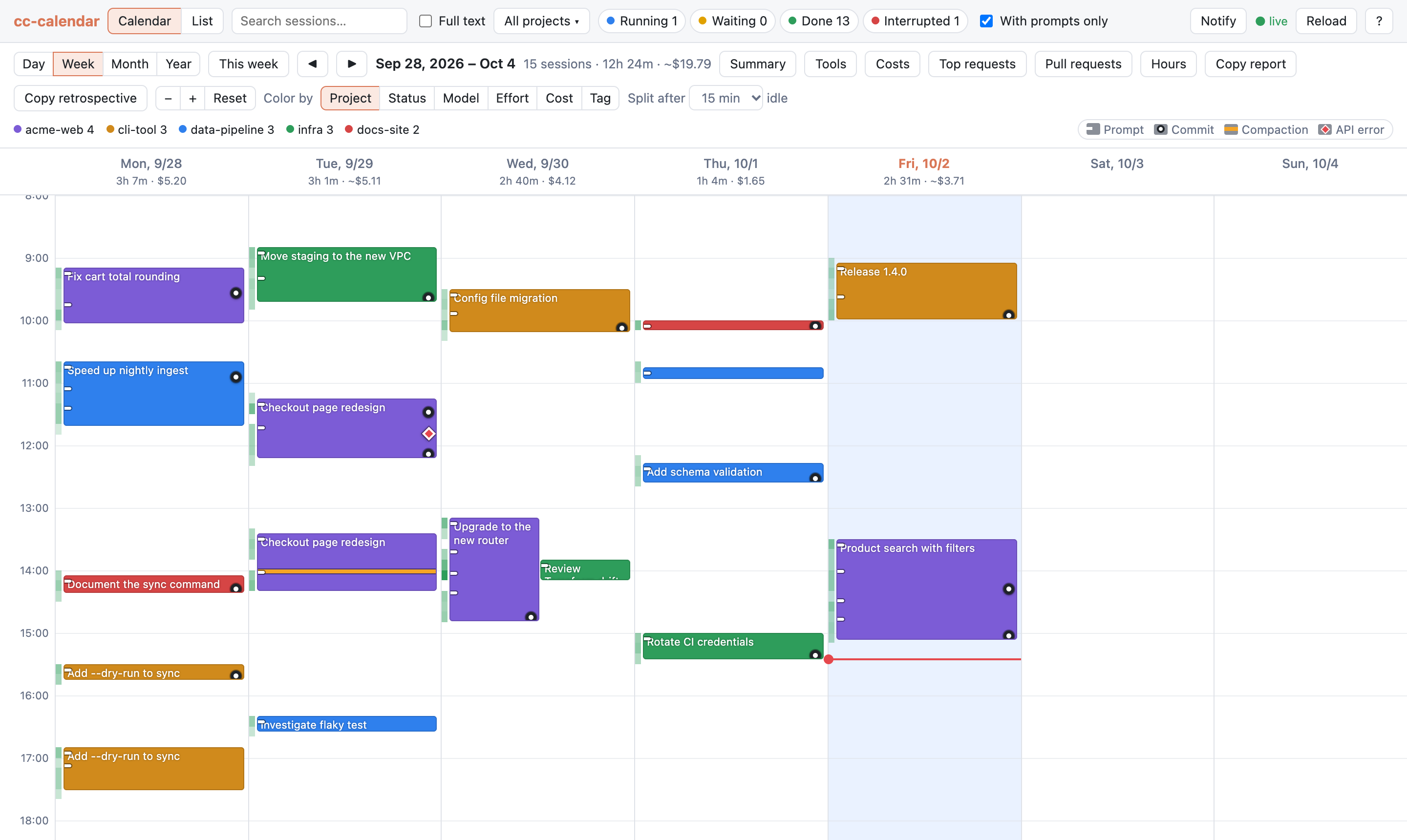 Week calendar colored by project