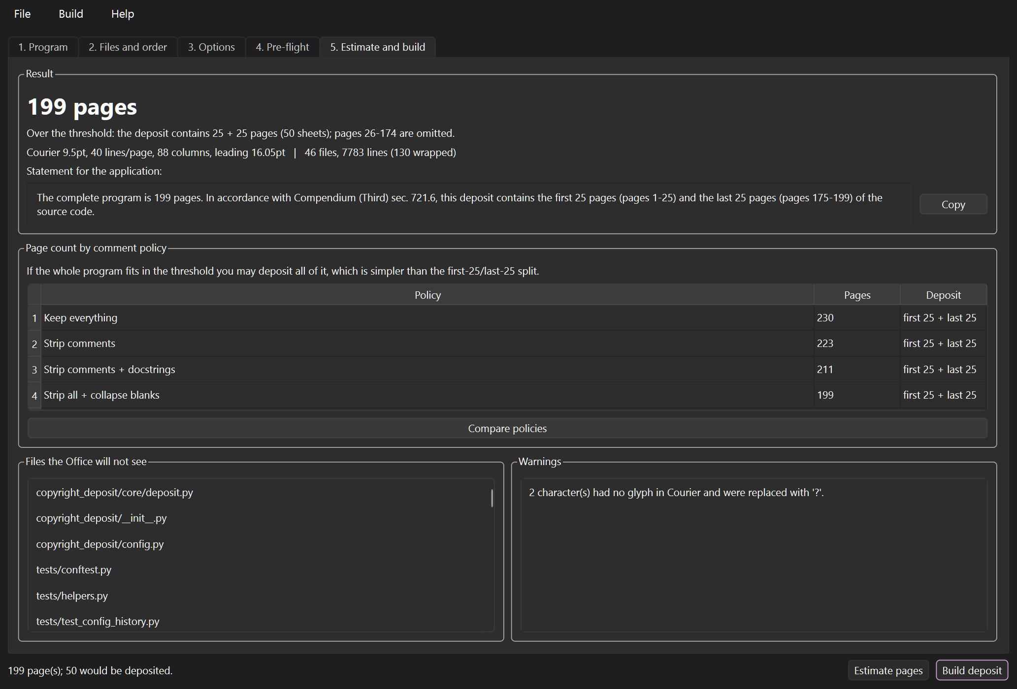The estimate tab: 205 pages, the §721.6 split, the statement for the application, and page counts under four comment policies