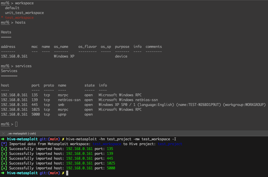 Import data from Metasploit workspace to Hive project