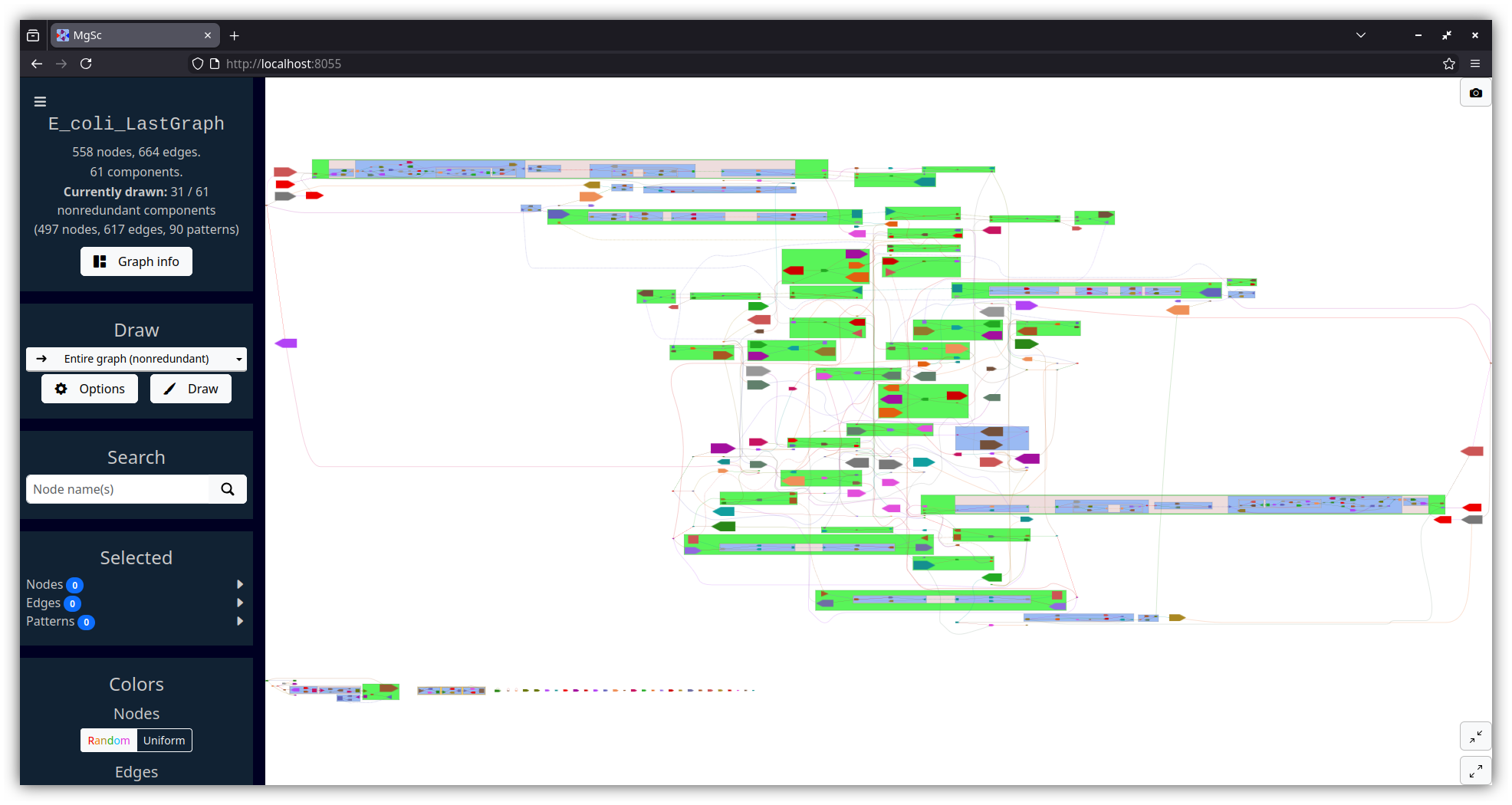 E. coli assembly graph drawn using a hierarchical layout algorithm, dot.
