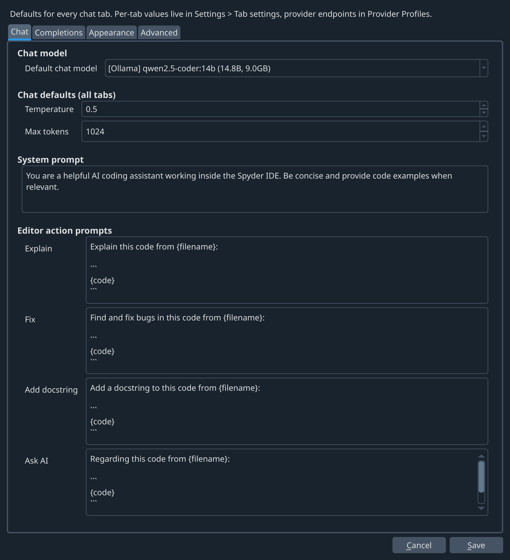 Chat tab of Assistant Settings