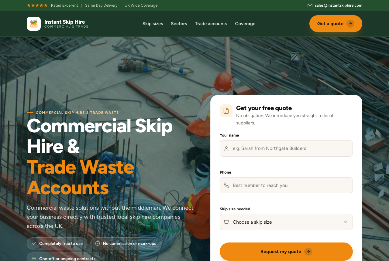 Before: generic stock-photo hero, soft violet gradient, no brand identity. After: real construction-site photo under a dark scrim, editorial headline with an amber accent, and a quote-request form built into the hero. Same prompt, different output when ux-skill supplies the constraints.