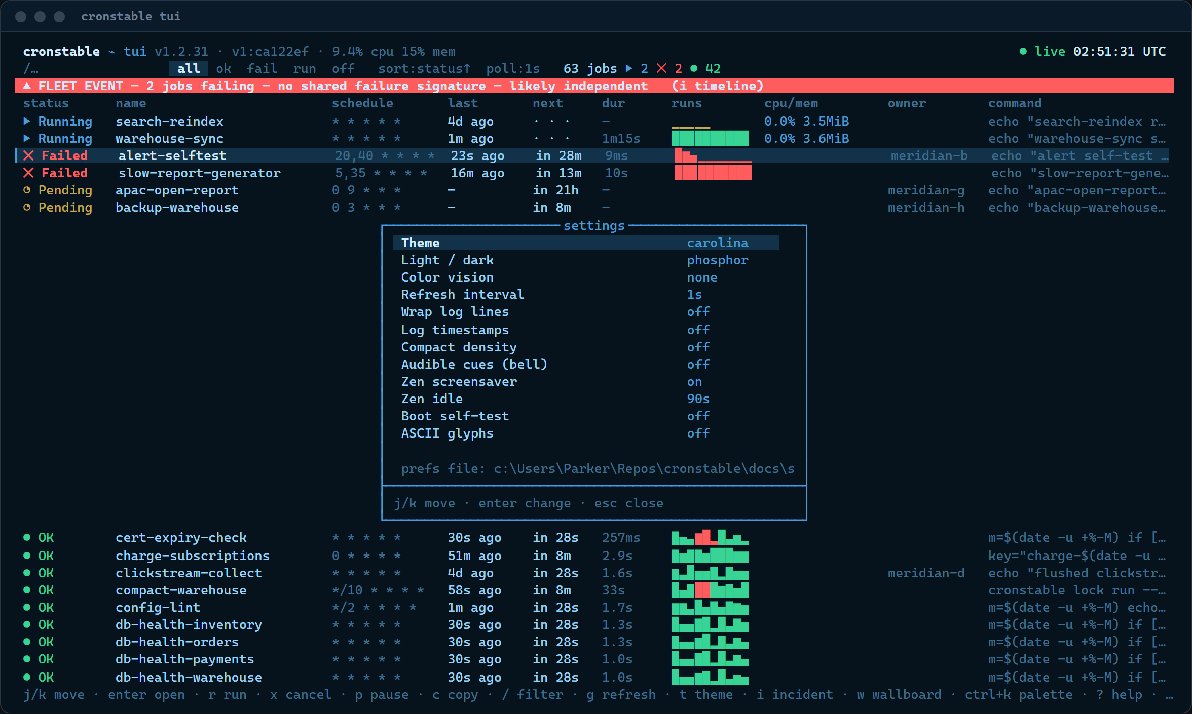 The TUI settings panel: theme, color vision, refresh interval, log toggles, zen, and the boot self-test