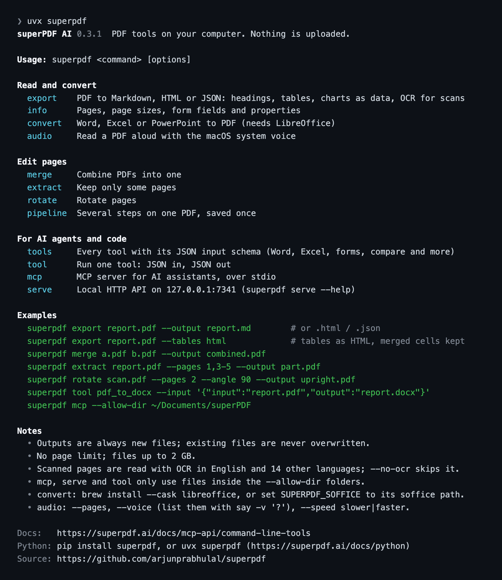 uvx superpdf in a terminal: commands grouped under Read and convert, Edit pages, and For AI agents and code, then examples and notes