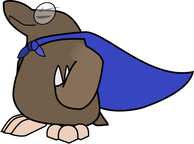 The Duper logo, with a confident spectacled mole wearing a flailing blue cape.