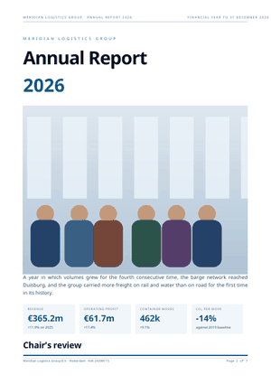An annual report with a cover photo, key figures and charts