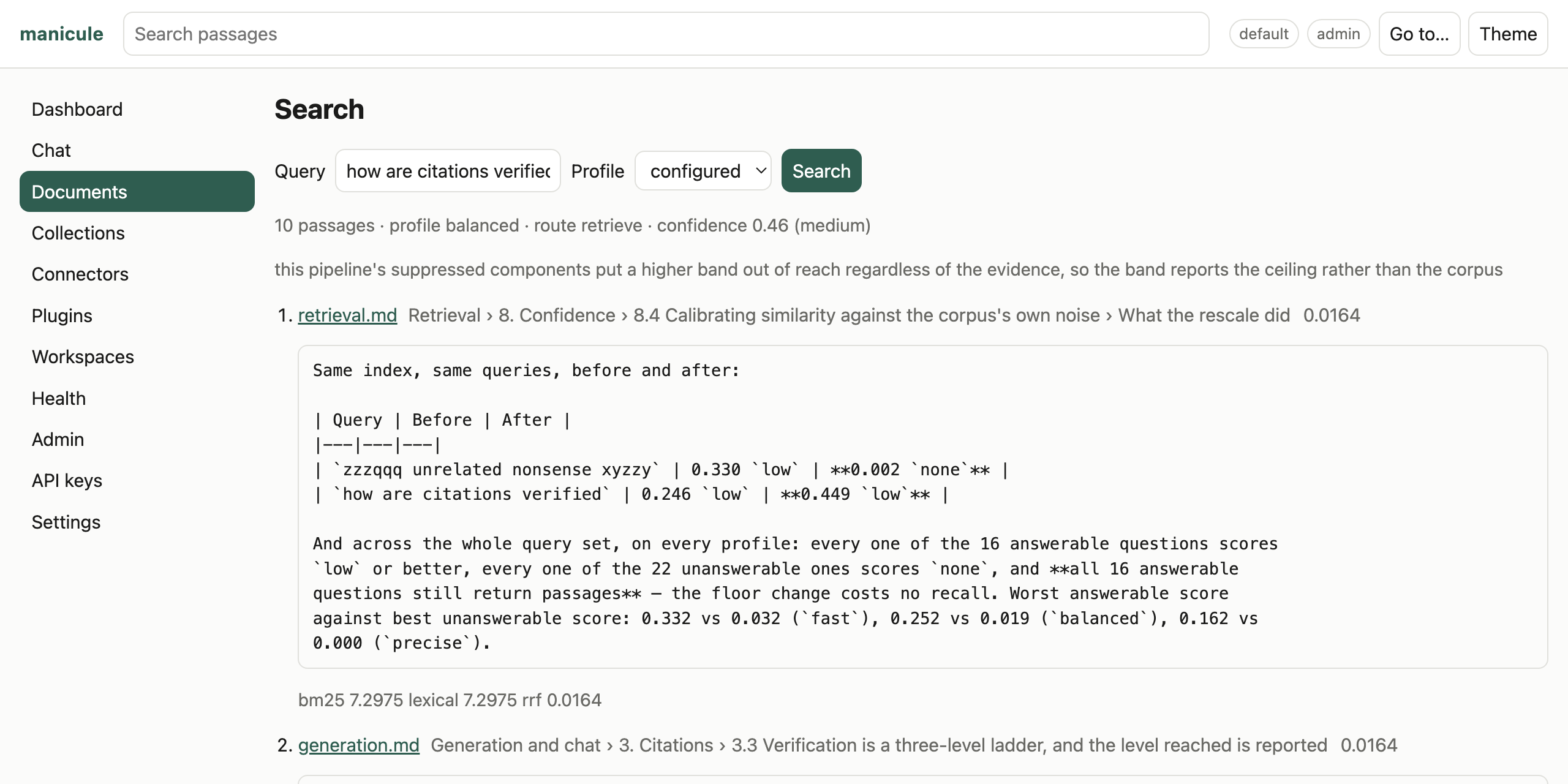 The manicule browser surface: a search for "how are citations verified" over this repository's own docs, showing ten ranked passages, the confidence band with the sentence explaining it, and each hit labeled with the document and the heading path the passage came from
