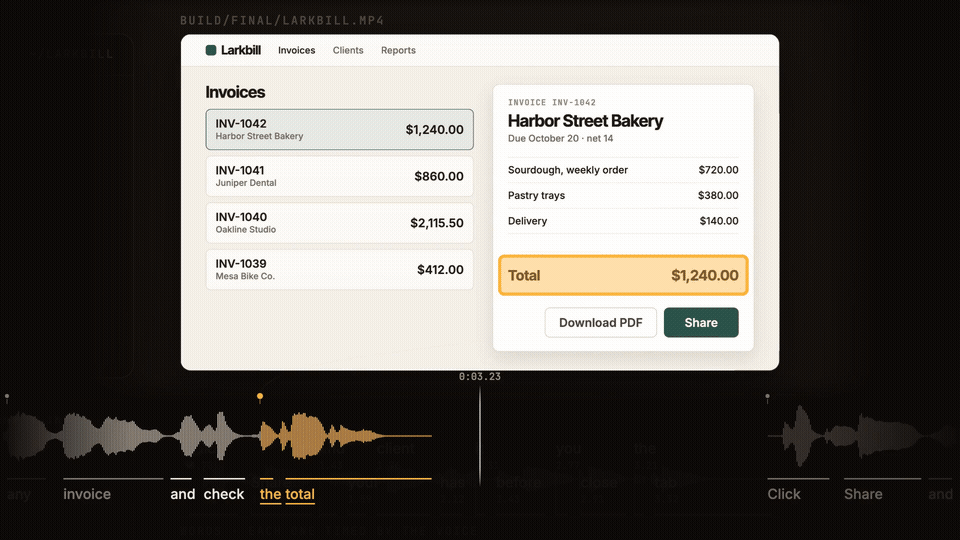A moment from the film Follows. A built film plays an invoice app, and its Share button lights the instant the word "Share" is said, while the waveform below marks each spoken word as it lands.