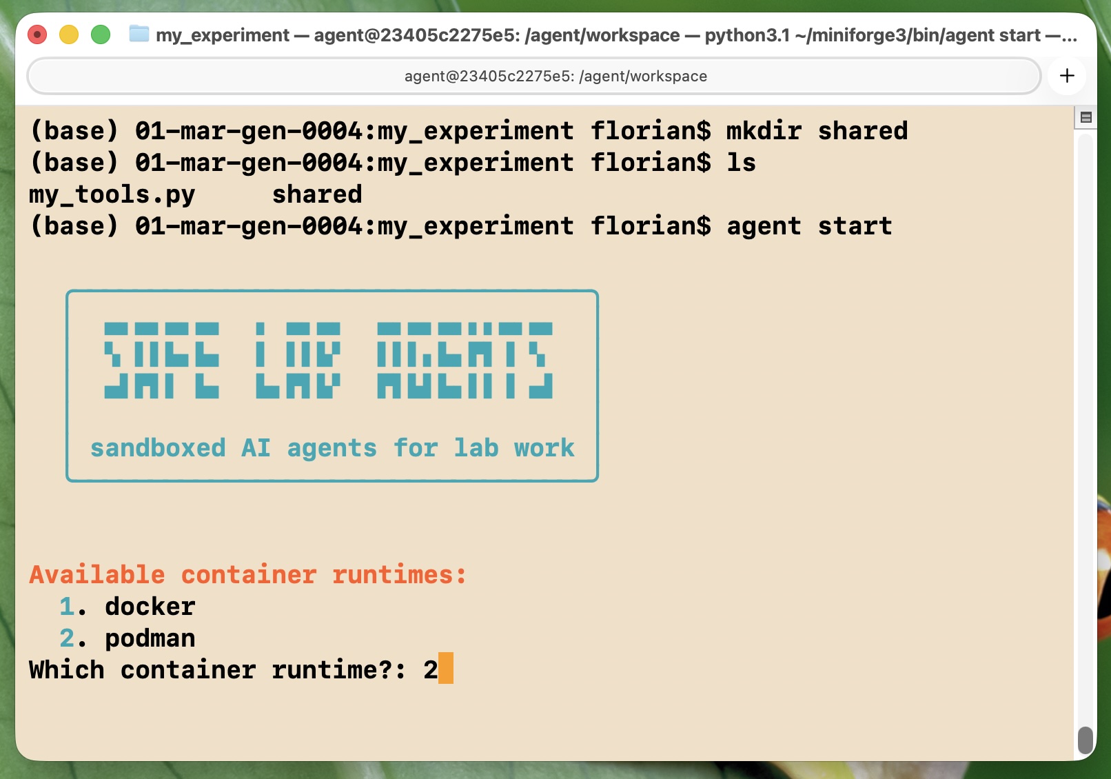 Terminal window with command "agent start" entered