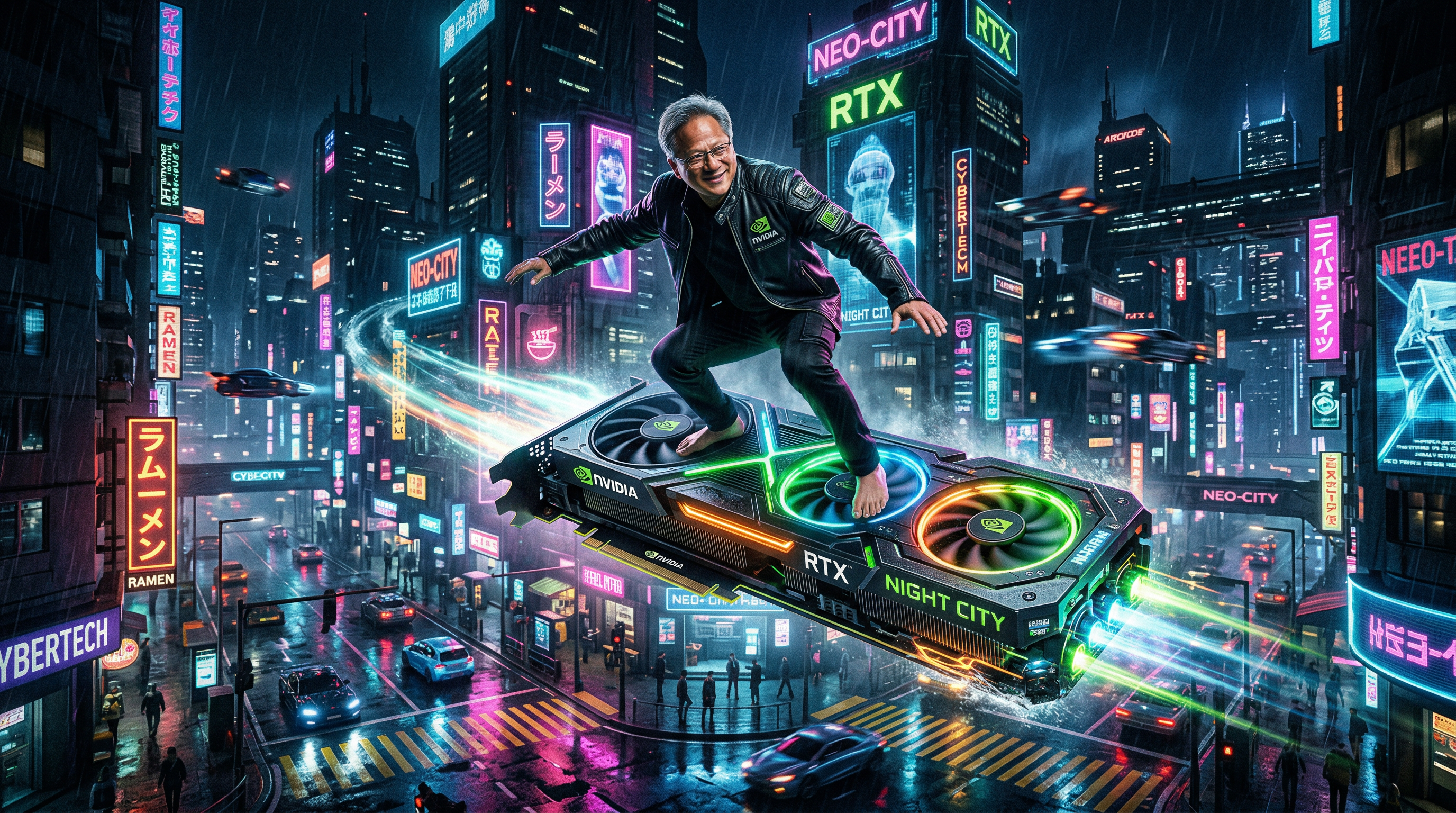 Jensen surfing on GPU through cyberpunk city