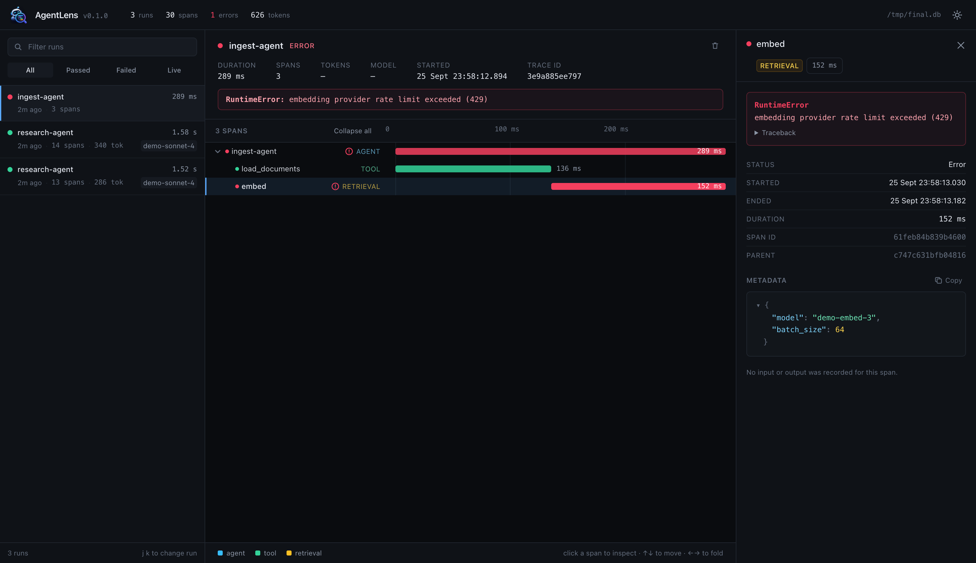 A failed run: the failing span is red and the inspector shows the exception and traceback