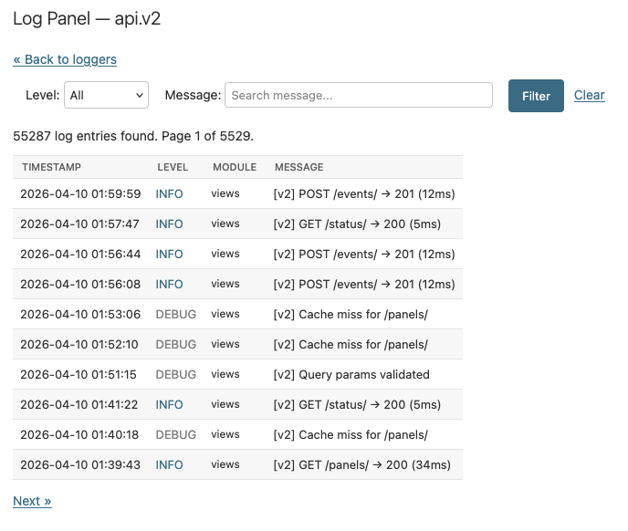 Log detail view with message search and paginated entries