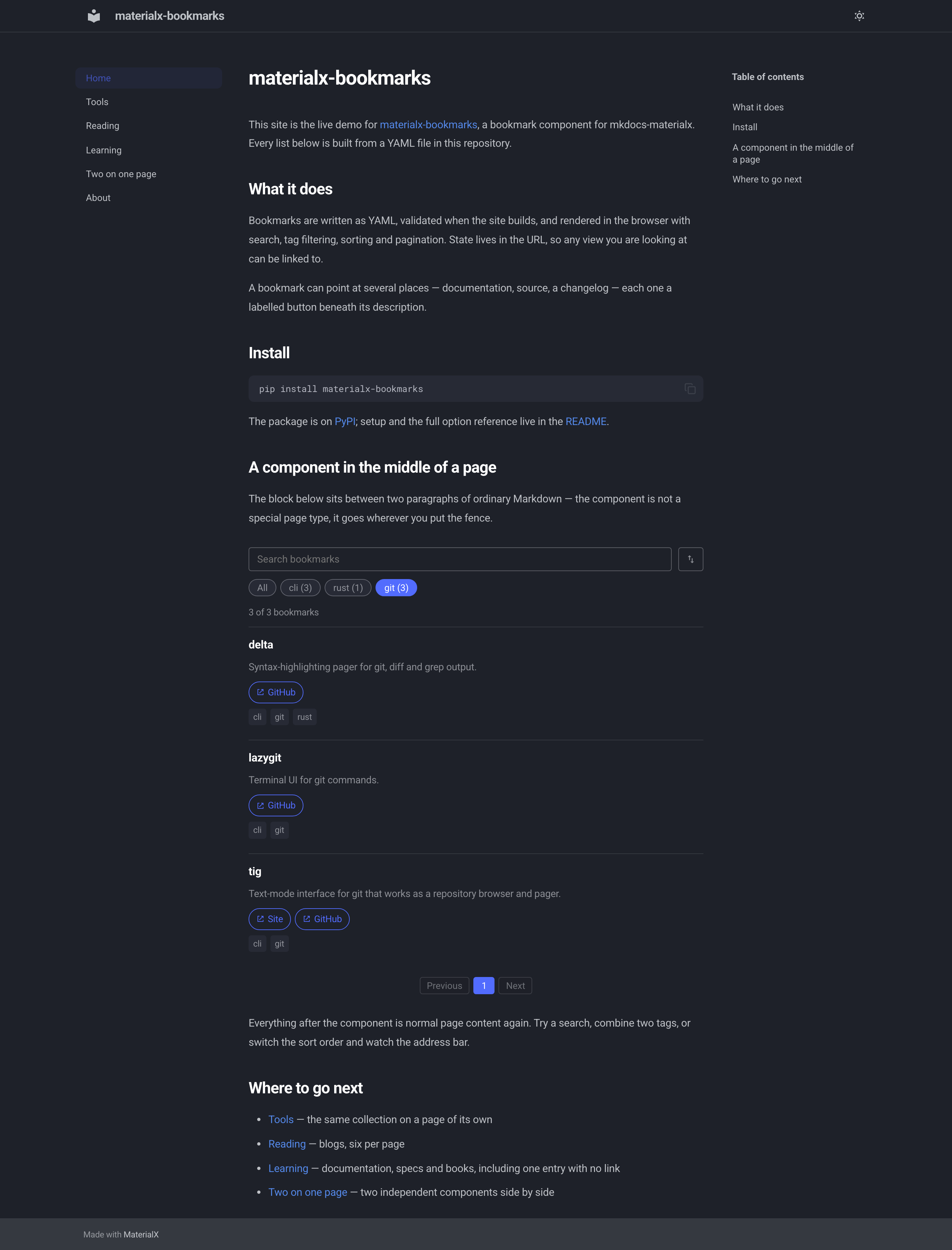 The same page in the dark theme, with the component inheriting the theme's colours.