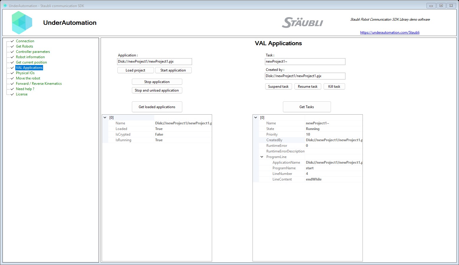 UnderAutomation Staubli communication SDK