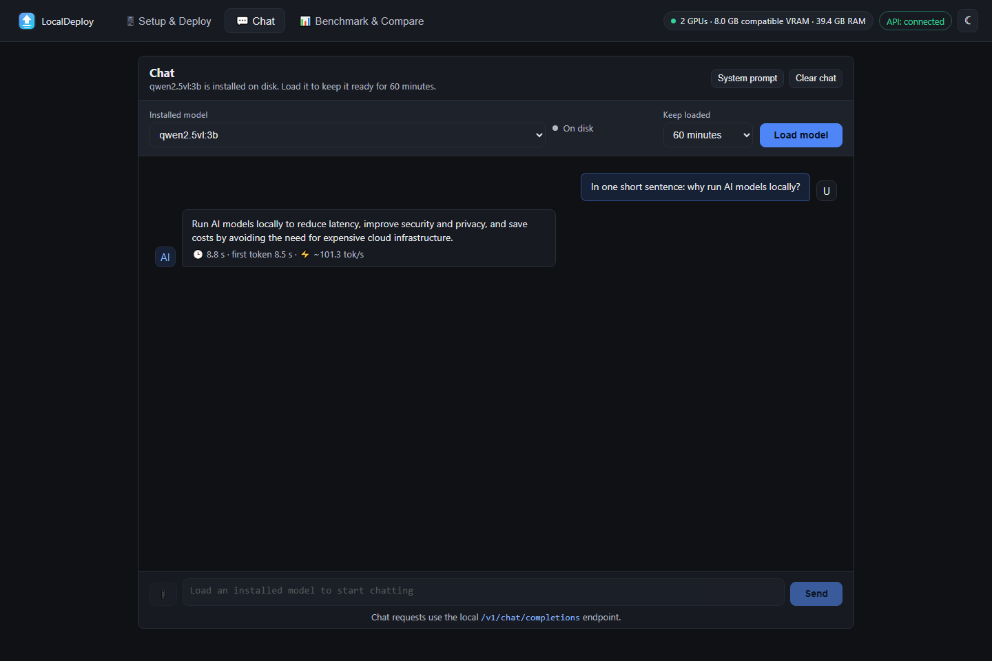 Chat playground with a streamed response from a local model