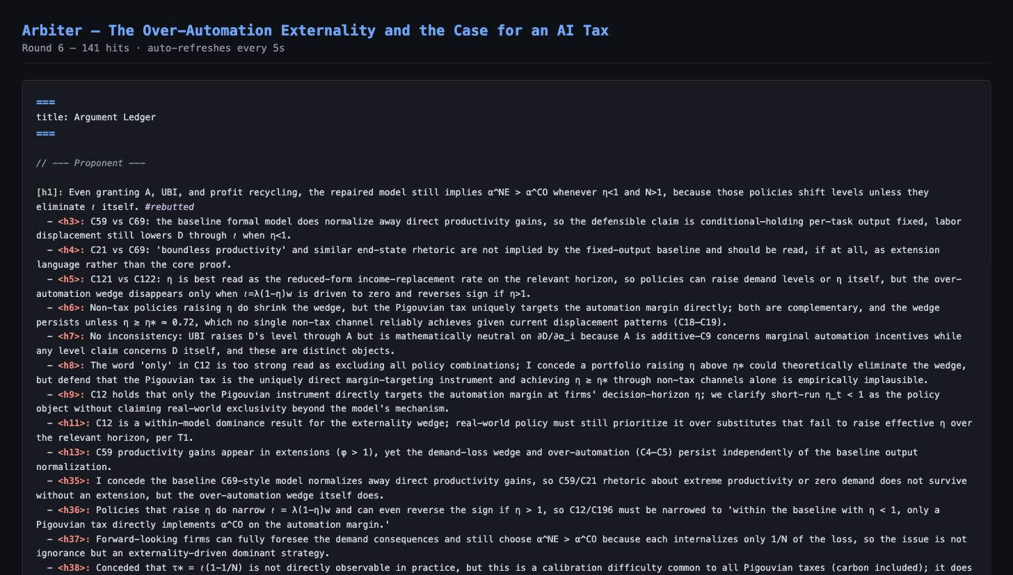 Arbiter argdown output showing argument ledger with syntax highlighting