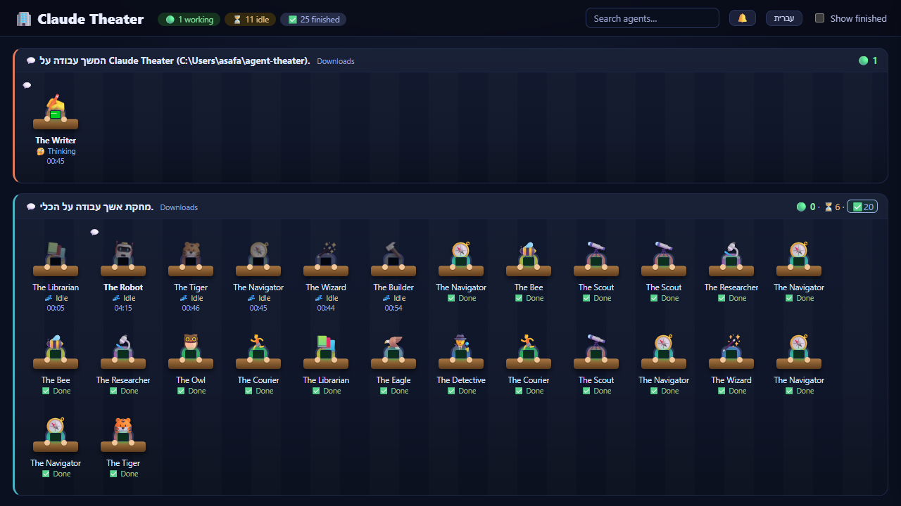 Claude Theater showing real Claude Code conversations as rooms, one agent thinking and a room of finished subagents