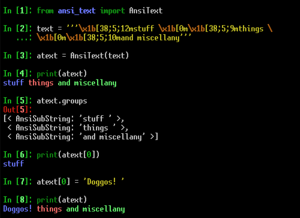 An AnsiText object demonstrating how to access groups via indexing