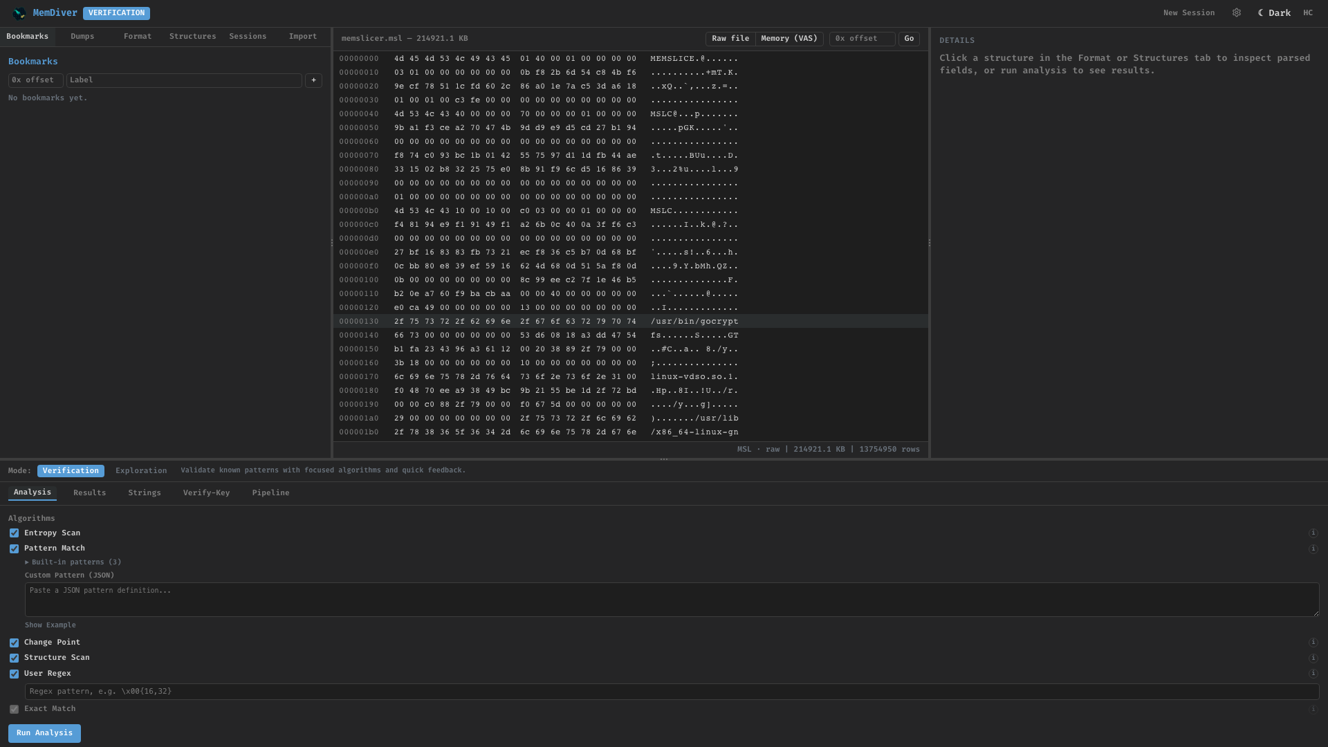 MemDiver workspace with an MSL capture loaded — dark theme