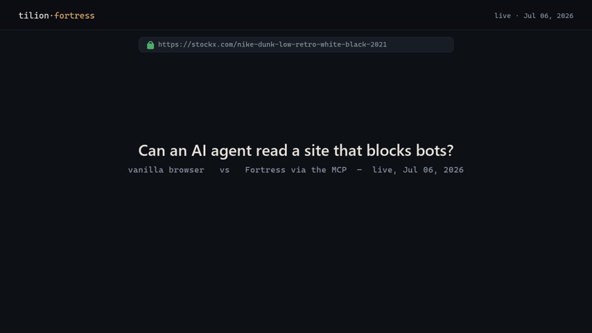 Same site, same prompt: a vanilla browser is blocked by PerimeterX while an agent with the Tilion MCP returns clean JSON