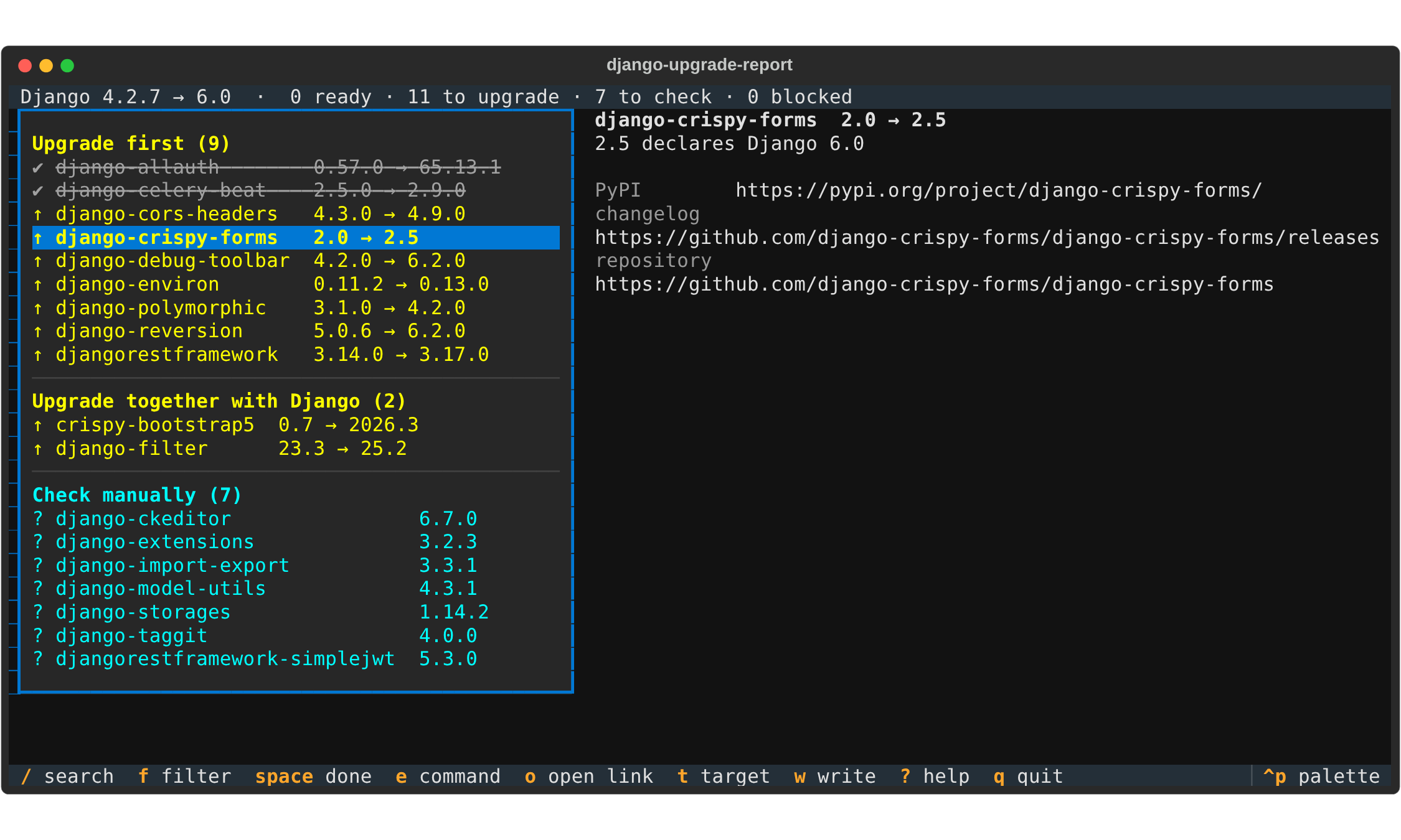 -i in a terminal: the sections and packages on the left, two of them ticked off, and the chosen package on the right with its release and links