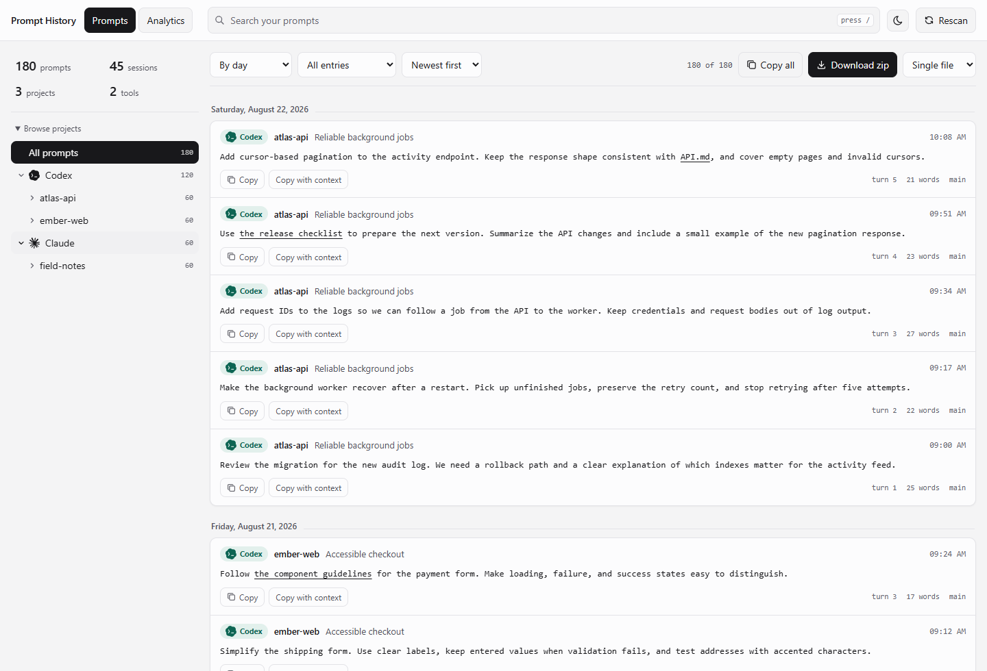 Prompt History showing searchable prompts, project navigation, and inline file references in a fictional developer workspace