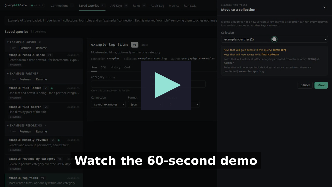 Watch the 60-second demo: saved SQL queries as REST endpoints, scoped API keys, and the Move preview showing which keys gain or lose access