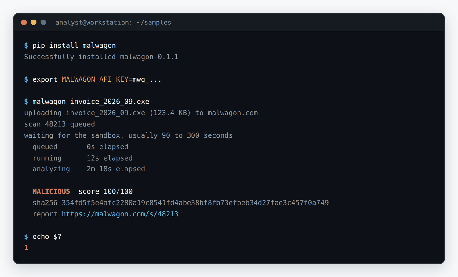 malwagon CLI scanning a suspicious executable and printing a malicious verdict with a score of 100 out of 100 and a link to the full sandbox report