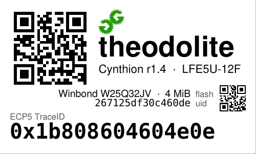 Cynthion r1.4; an ECP5 board, keyed on the TraceID burned into its die, with its configuration flash's UID among the flash facts