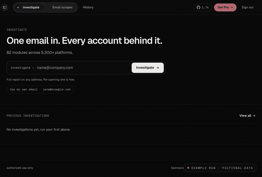 Example run on the web app: jane@example.com is investigated live, accounts appear as each check returns, then the report opens