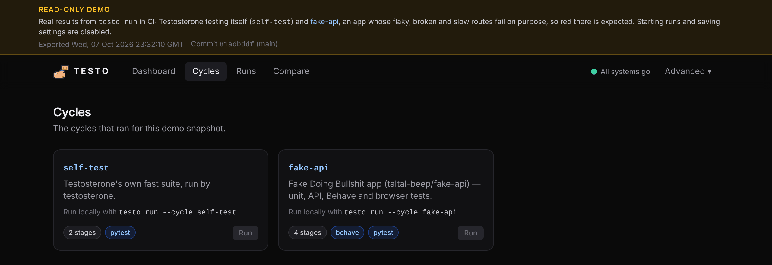Cycles page listing the self-test and fake-api cycles with their stages and frameworks