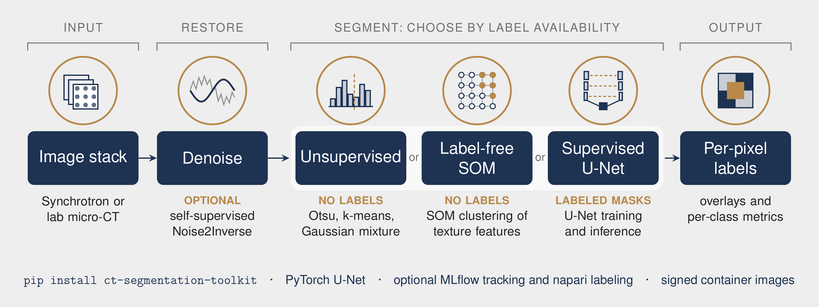 Pipeline overview: an image stack, optional self-supervised denoising, three segmentation routes chosen by label availability, and per-pixel labels