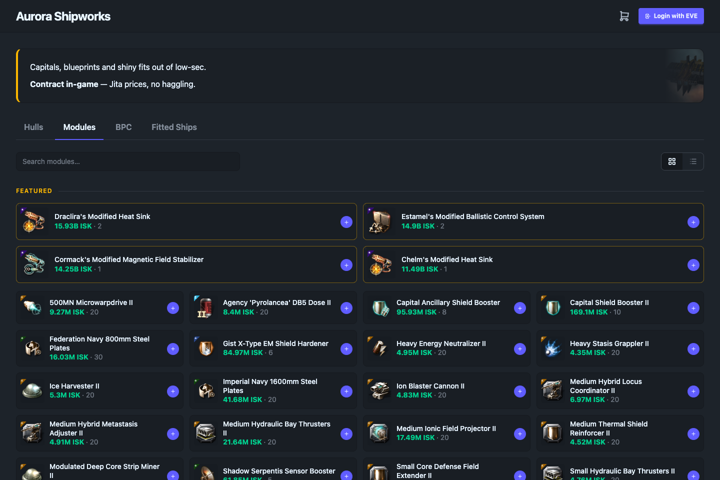 Modules: featured officer mods over a searchable grid