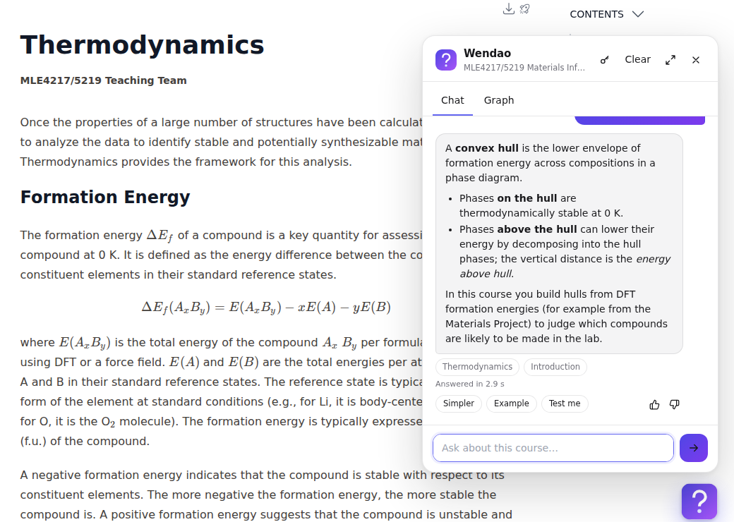 The Wendao widget on a course page: an answer about convex hulls with links to the course pages it used