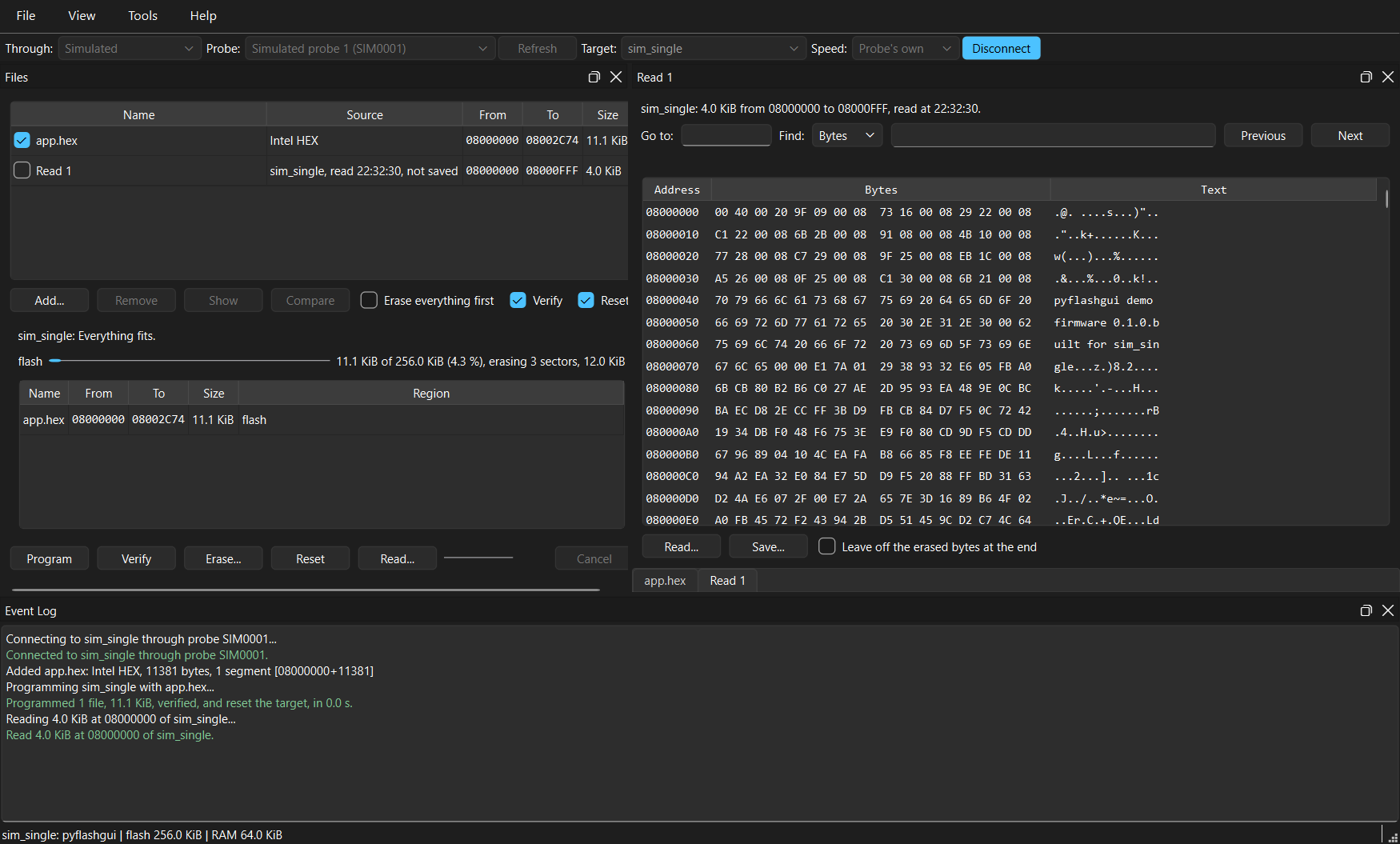 pyflashgui on its simulated probe: the Files pane with a firmware file and a read, the memory map under them, the bytes of the read beside them, and the Event Log below
