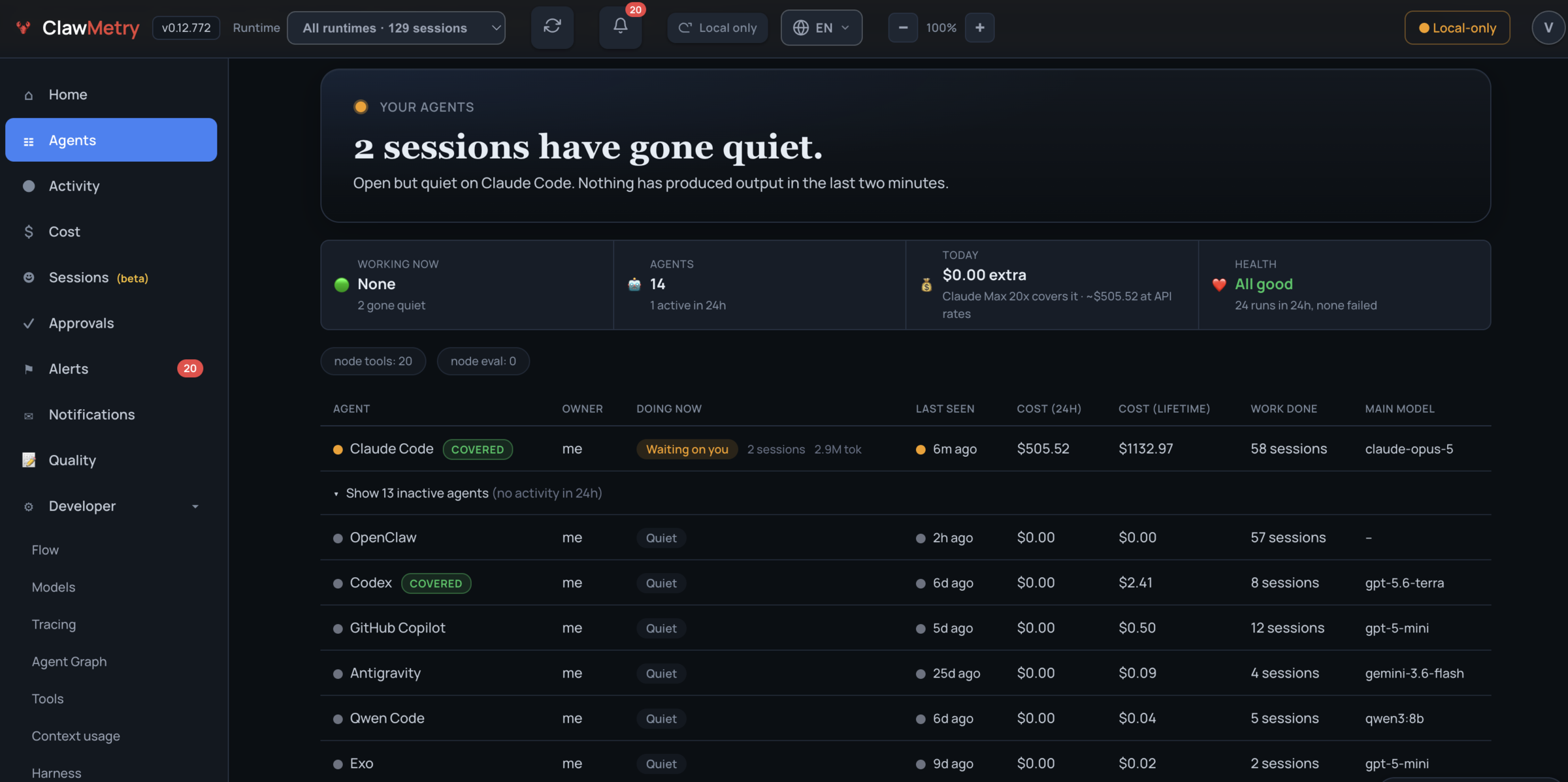 ClawMetry dashboard: every AI agent runtime on one machine with 24h and lifetime cost per agent