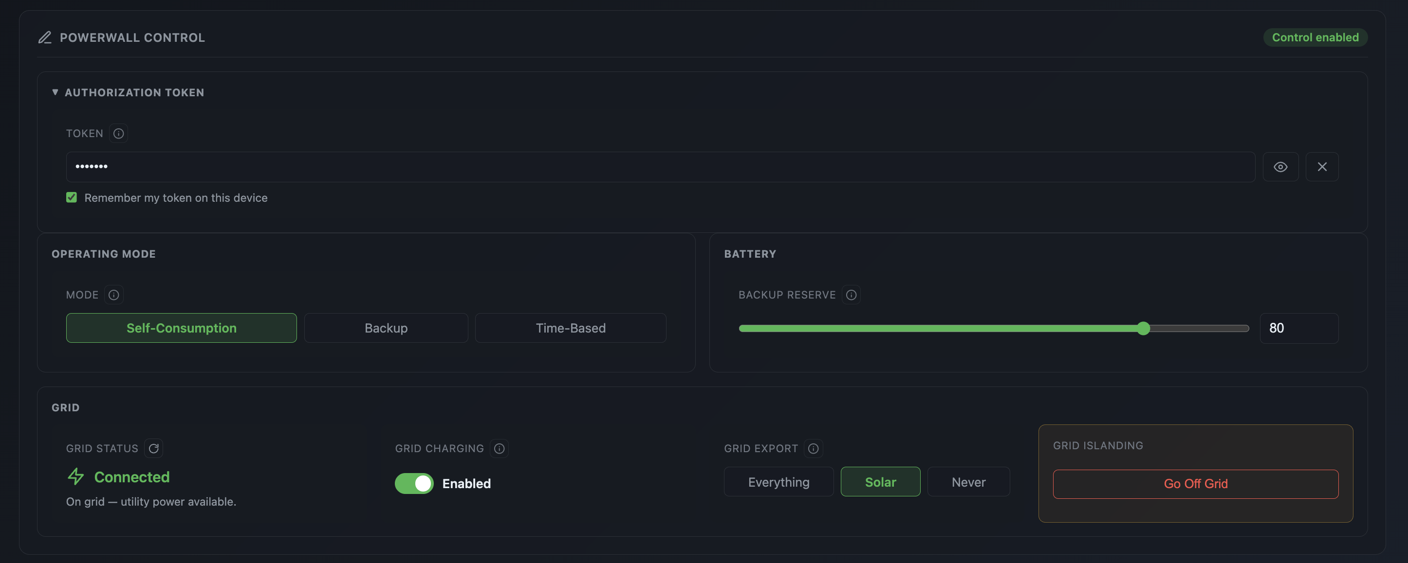 PyPowerwall Server Console - Control