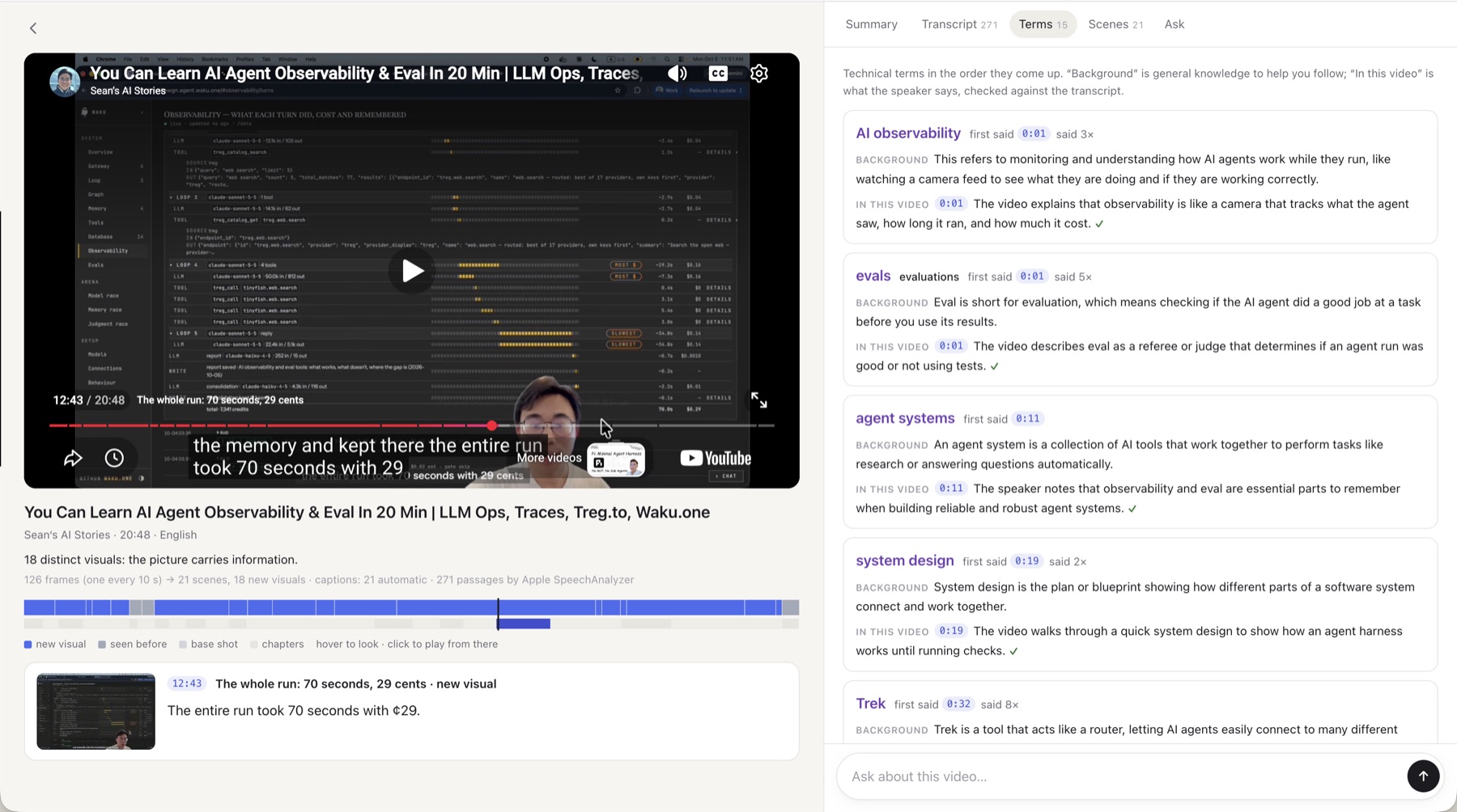 A video read in Boson-Video: the player and the ribbon on the left, the terms explained on the right