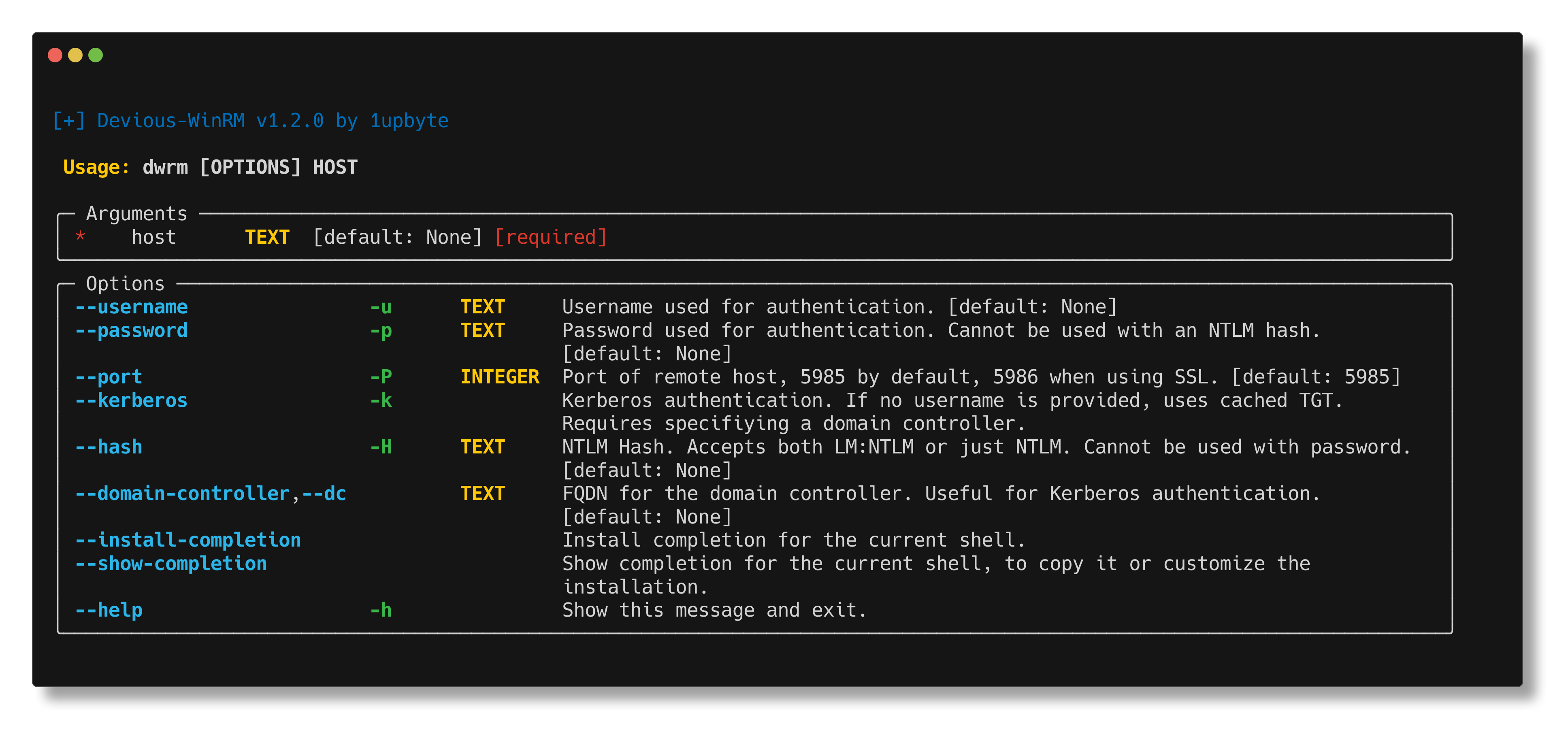 The help screen for Devious-WinRM, showing a variety of flags and options.