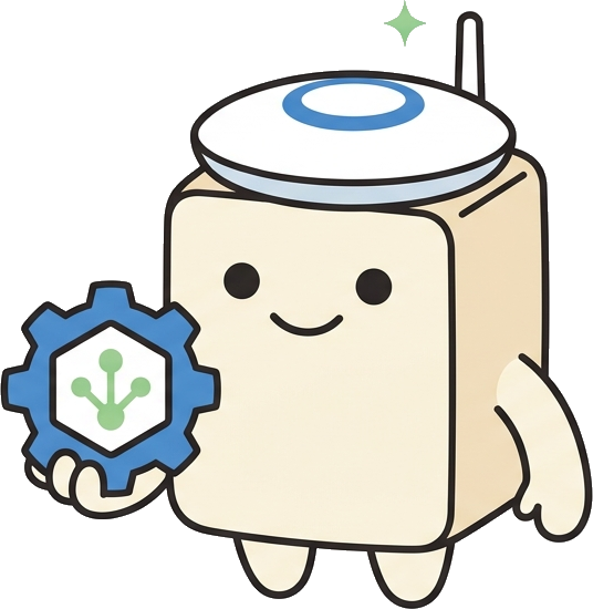 ubitofu mascot — a tofu block wearing a UniFi access point, holding an OpenTofu gear