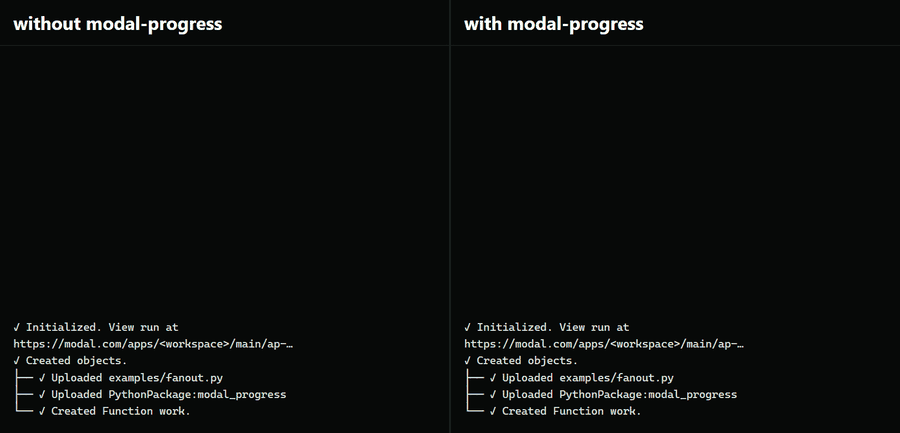 The same 60-input Modal job logged to a file: without modal-progress the log is silent until the end, with it there is a progress line every 5 seconds
