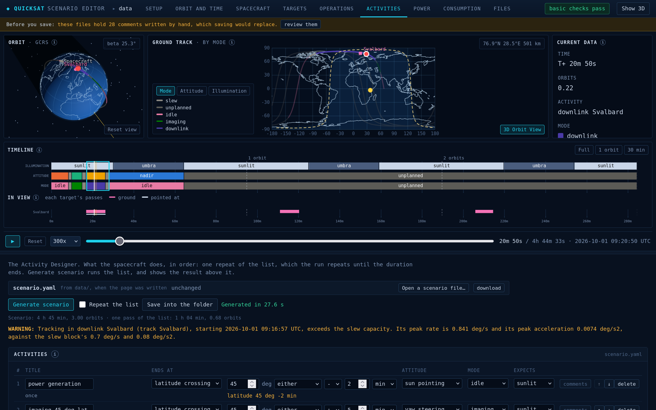 The editor's Activities tab: the orbit, the ground track, the timeline and the passes over Svalbard above the list of activities, with the downlink selected
