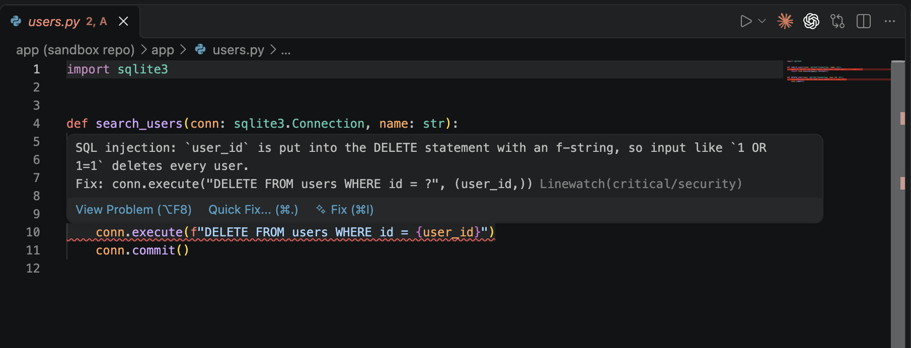 Findings shown as markers in VS Code