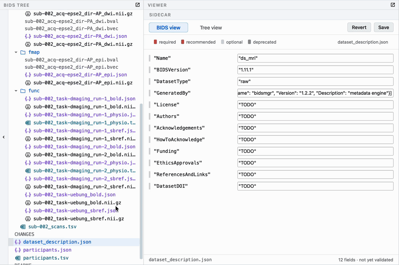 A JSON sidecar as a schema-aware form, colour-coded by requirement level