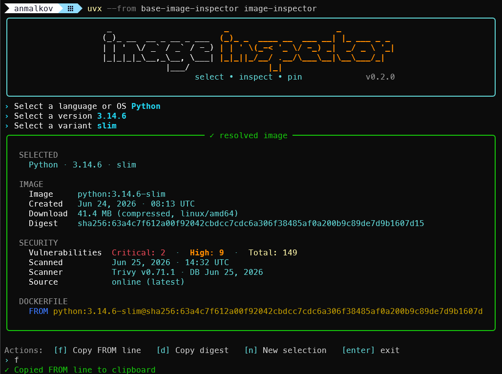 image-inspector result panel showing a digest-pinned FROM line and vulnerability counts