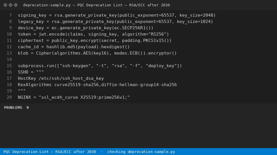 PQC Deprecation Lint — RSA/ECC after 2030 — finds the line