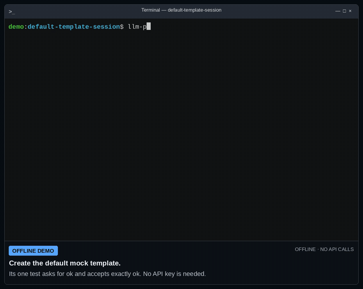 Interactive default-template demo: select the mock and configured test, review the plan, run locally, and inspect the expected inconclusive result as JSON