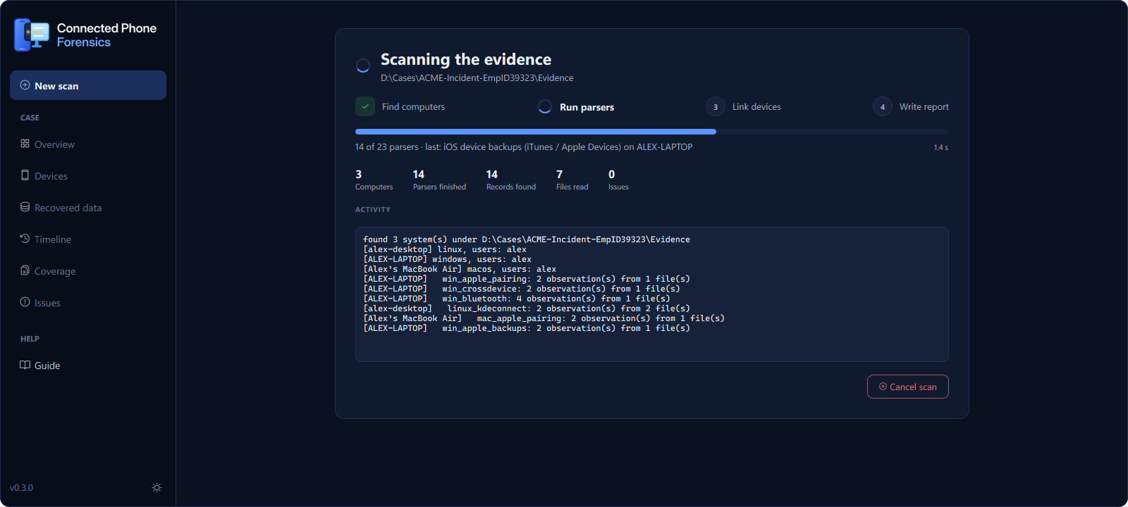 Scan progress with steps, live counts and the activity log